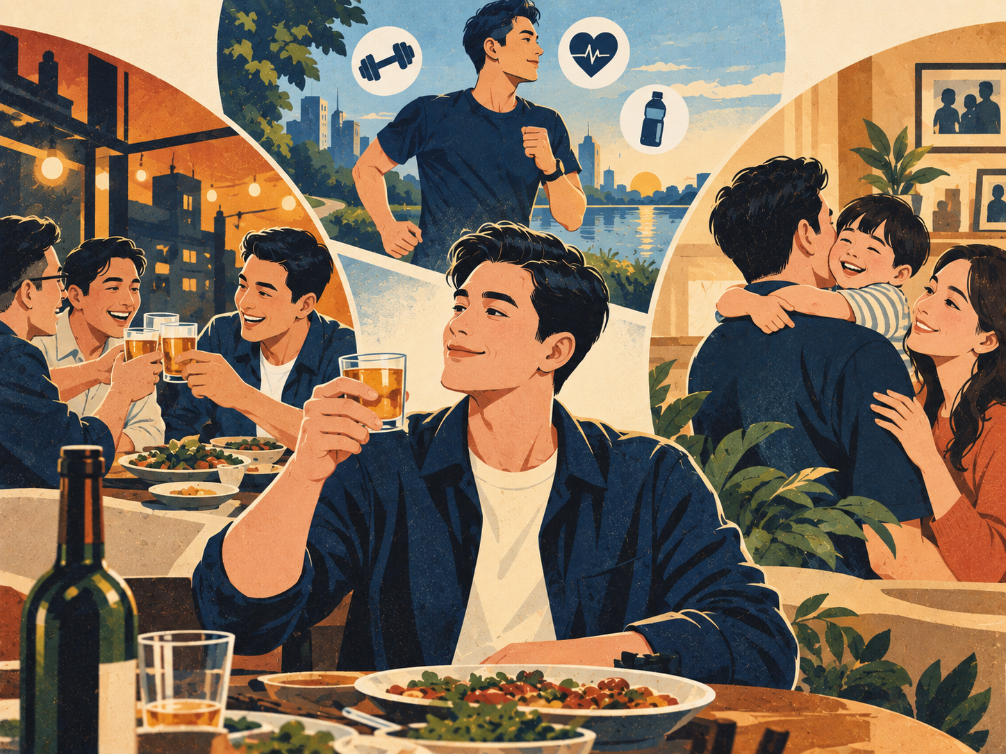 Minh hoạ các lựa chọn uống có trách nhiệm giữa bạn bè, gia đình và sức khỏe